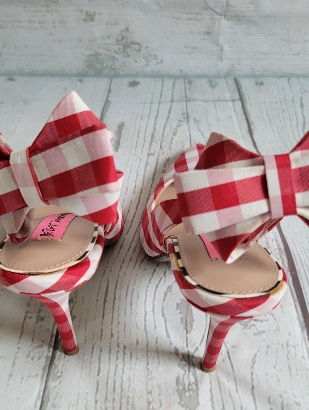 Betsey Johnson Ginjet Red and White Gingham Slingback Heels with Ankle Bows - Picture 8 of 11